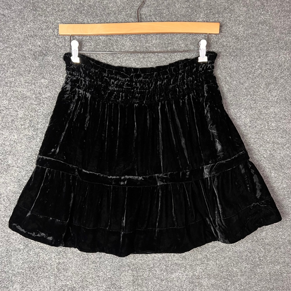 By Anthropologie Mini Skirt Womens Medium Black Velvet Smocked Tiered